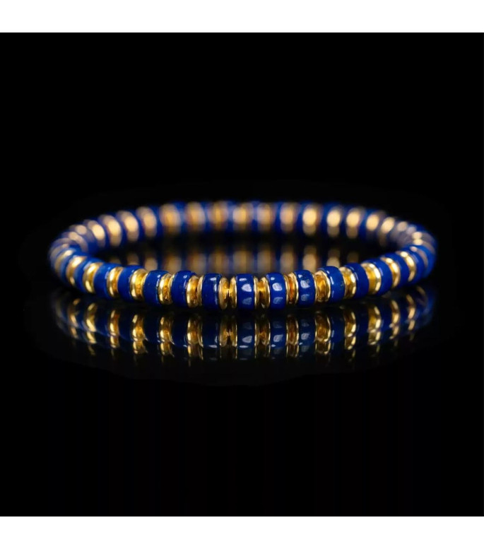 Men's Natural Lapis Lazuli Beaded Bracelet with Gold Plated Stainless Steel Accents