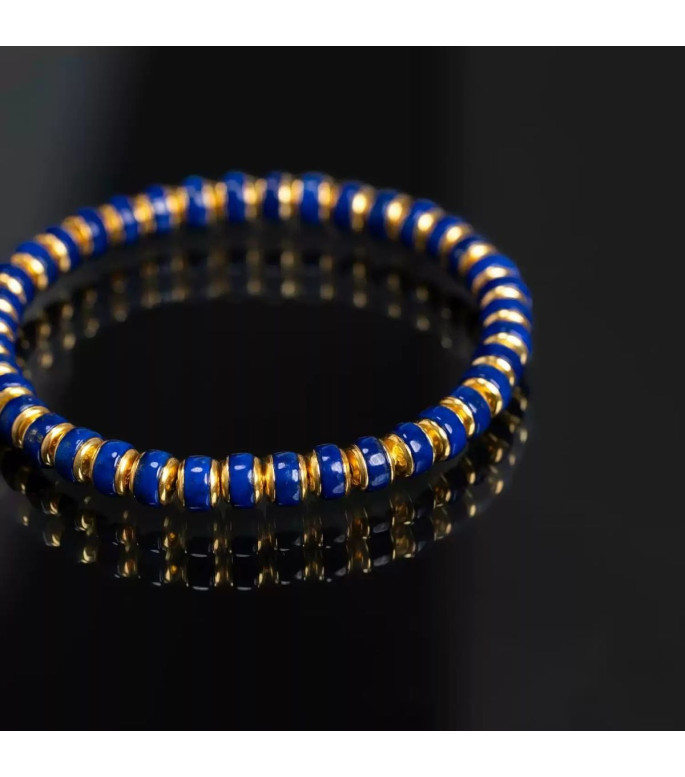 Men's Natural Lapis Lazuli Beaded Bracelet with Gold Plated Stainless Steel Accents Men's Natural Lapis Lazuli Beaded Bracelet with Gold Plated Stainless Steel Accents