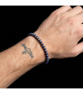 Men's Natural Lapis Lazuli Beaded Bracelet with Gold Plated Stainless Steel Accents
