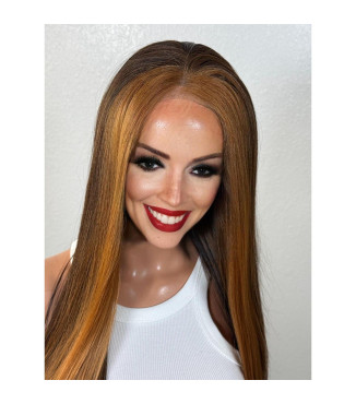 Golden Copper Blonde Bold Money-Piece Human Hair Blend Lace Front Wig, Chocolate Brown 26