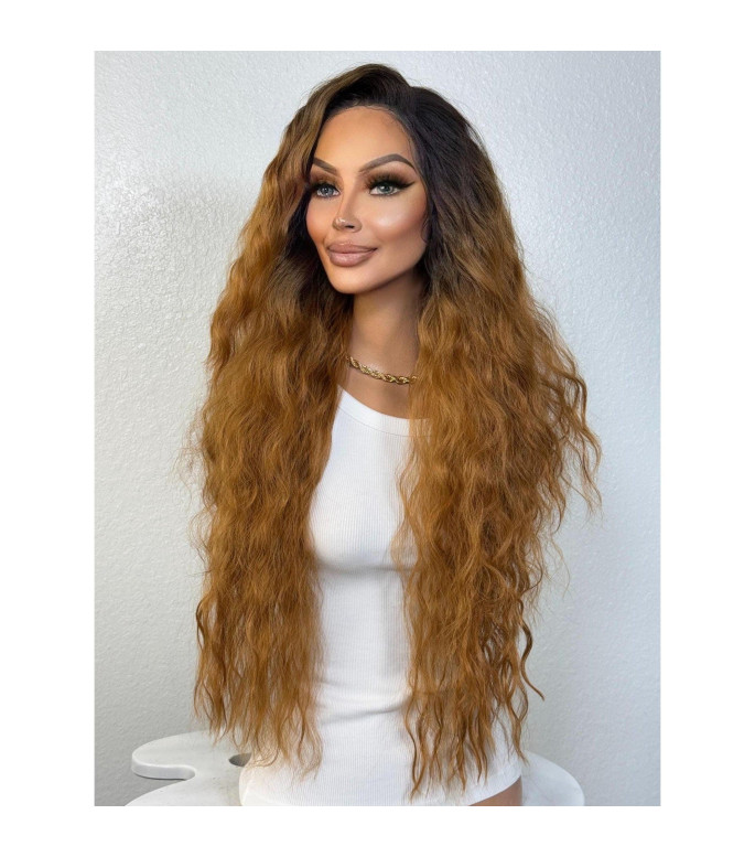 Golden Copper Blonde Bold Money-Piece Human Hair Blend Lace Front Wig, Chocolate Brown 26