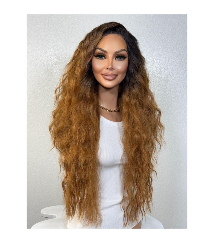 Golden Honey Ginger Blonde Rooty Ombr Human Hair Blend Lace Front Wig, Thick Voluminous