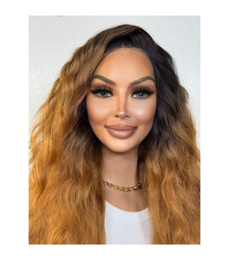 Golden Honey Ginger Blonde Rooty Ombr Human Hair Blend Lace Front Wig, Thick Voluminous