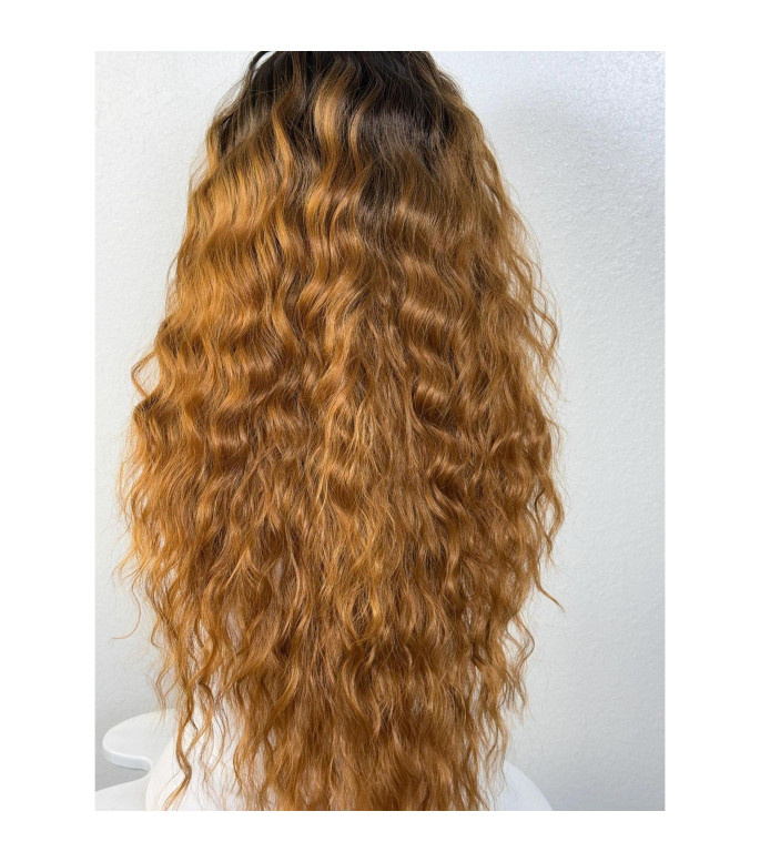 Golden Honey Ginger Blonde Rooty Ombr Human Hair Blend Lace Front Wig, Thick Voluminous