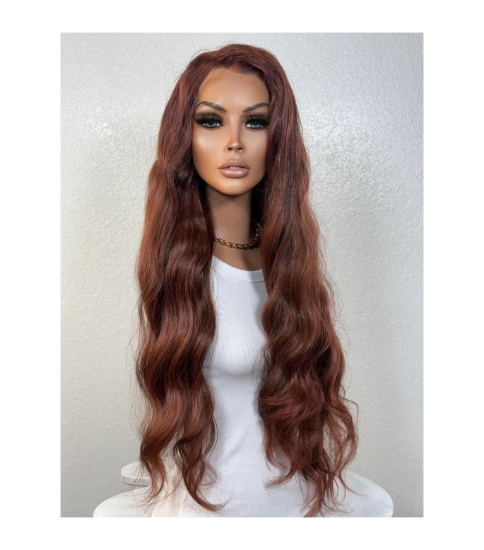 Copper Mahogany Auburn Human Hair Blend Lace Front Wig, Brown Chunky Highlights Wavy Hair