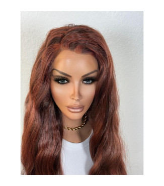 Copper Mahogany Auburn Human Hair Blend Lace Front Wig, Brown Chunky Highlights Wavy Hair