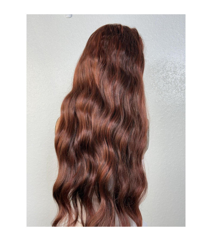 Copper Mahogany Auburn Human Hair Blend Lace Front Wig, Brown Chunky Highlights Wavy Hair