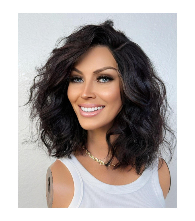Natural Black Lob Bob Style Short Human Hair Blend Wig, Edgy Bob Wavy Wig, Side Swept