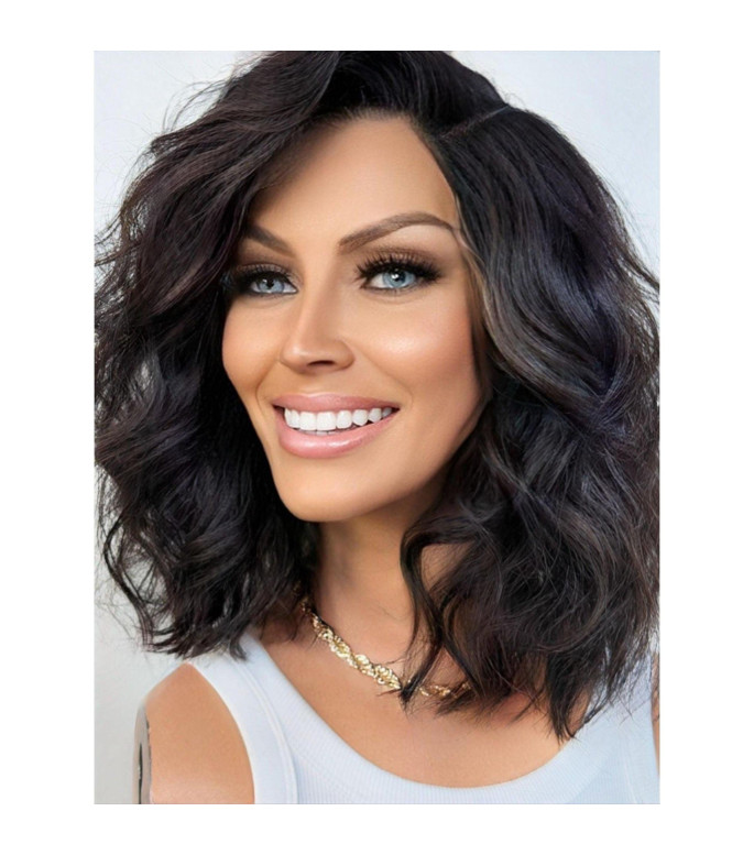 Natural Black Lob Bob Style Short Human Hair Blend Wig, Edgy Bob Wavy Wig, Side Swept
