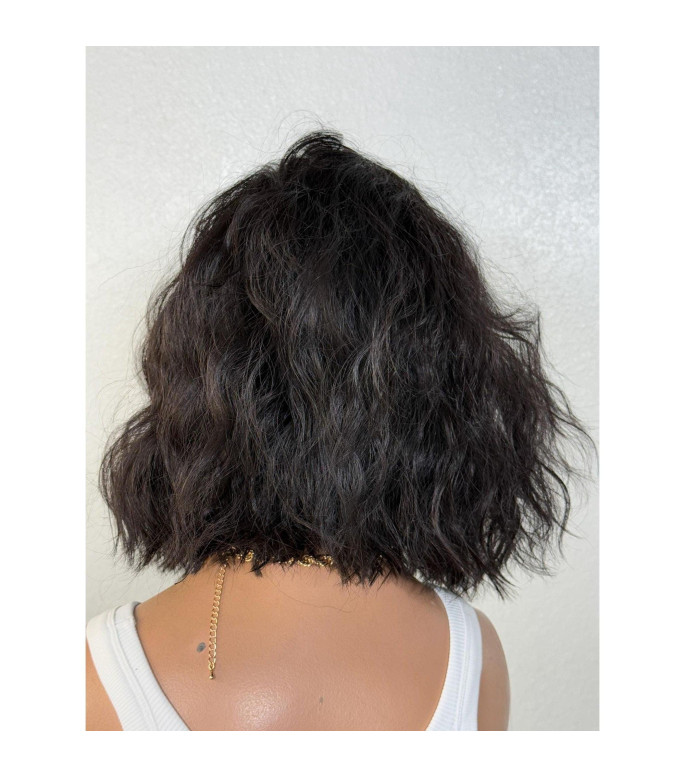 Natural Black Lob Bob Style Short Human Hair Blend Wig, Edgy Bob Wavy Wig, Side Swept