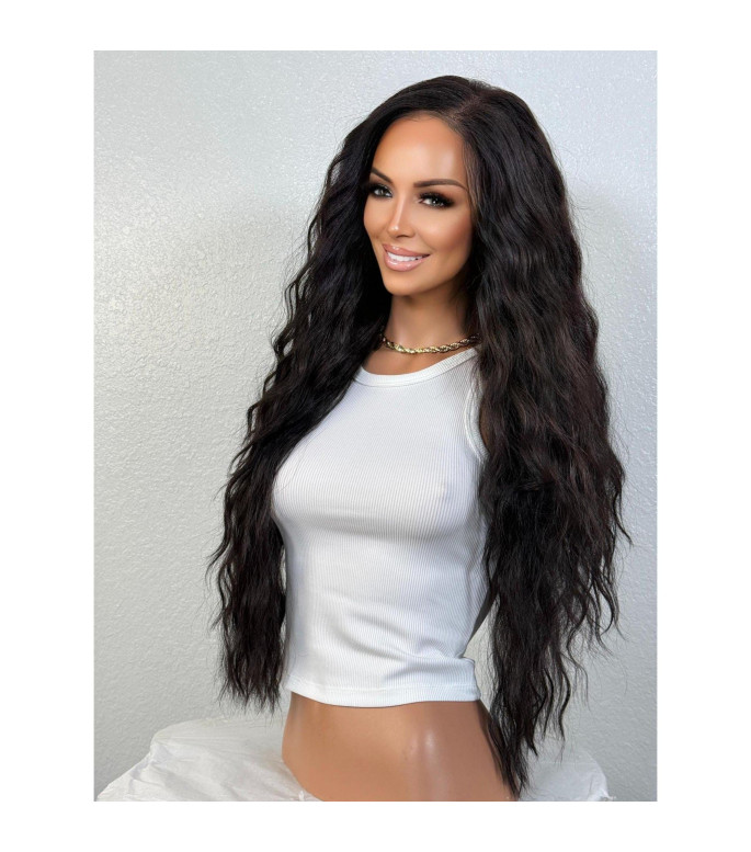 Black Wavy Human Hair Blend Wig, Wig For Women, Low Density Multi-Part Long Wavy Glueless