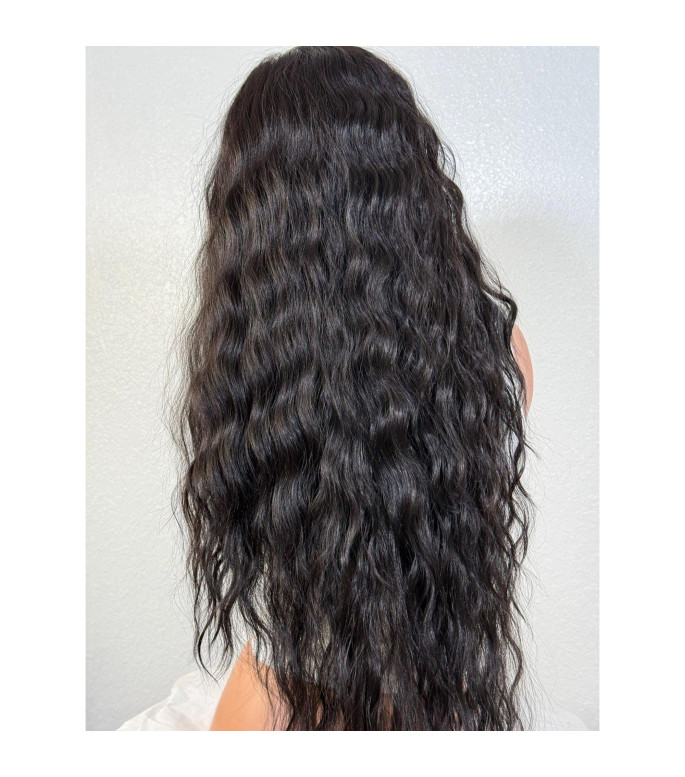 Black Wavy Human Hair Blend Wig, Wig For Women, Low Density Multi-Part Long Wavy Glueless