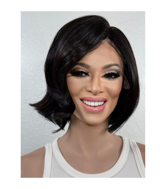 Natural Black Short Stacked Bob Human Hair Blend Wig with Side Full Swoop Bangs Lace