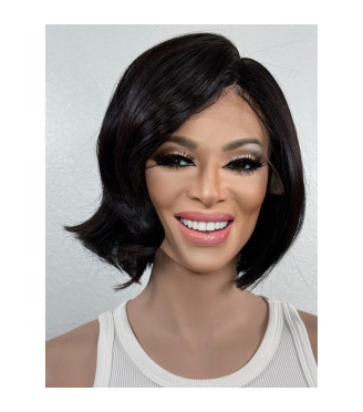 Natural Black Short Stacked Bob Human Hair Blend Wig with Side Full Swoop Bangs Lace