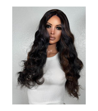 Black Chocolate Brown Highlight Mix Human Hair Blend Lace Front Wig, Deep Ocean Wave
