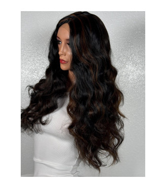 Black Chocolate Brown Highlight Mix Human Hair Blend Lace Front Wig, Deep Ocean Wave