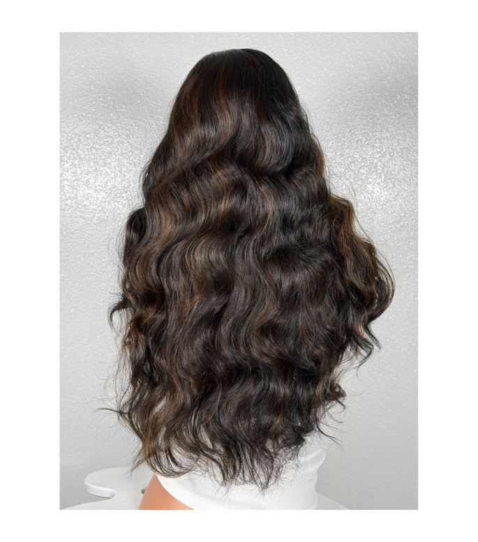 Black Chocolate Brown Highlight Mix Human Hair Blend Lace Front Wig, Deep Ocean Wave