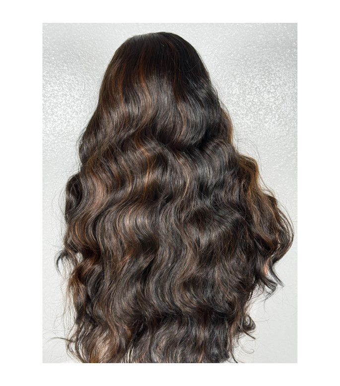 Black Chocolate Brown Highlight Mix Human Hair Blend Lace Front Wig, Deep Ocean Wave