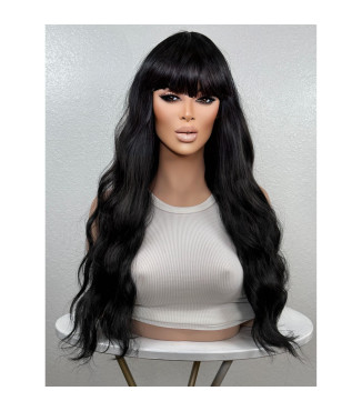 Geisha Jet Black Wig, Edgy Bangs Long Wavy Full Goth Witch-Core Rave Festival Anime