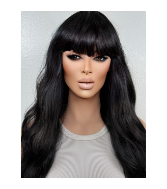 Geisha Jet Black Wig, Edgy Bangs Long Wavy Full Goth Witch-Core Rave Festival Anime