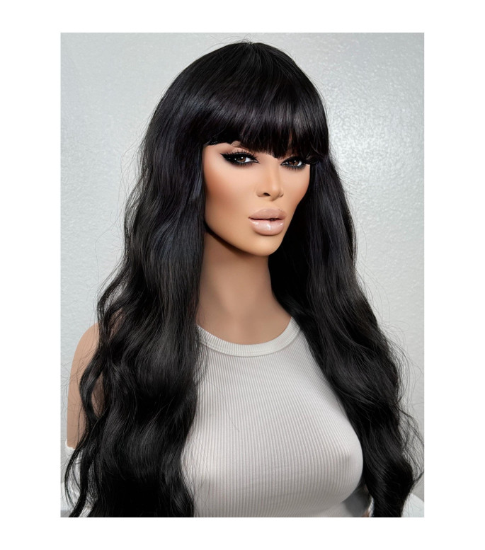 Geisha Jet Black Wig, Edgy Bangs Long Wavy Full Goth Witch-Core Rave Festival Anime