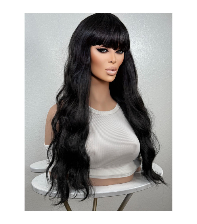 Geisha Jet Black Wig, Edgy Bangs Long Wavy Full Goth Witch-Core Rave Festival Anime