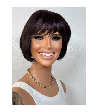 Short Black Bob Human Hair Wig with Bangs, Short Chin Length Full Fringe Bangs Heat Safe