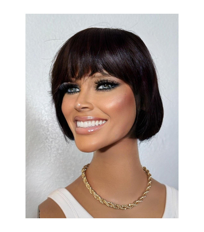 Short Black Bob Human Hair Wig with Bangs, Short Chin Length Full Fringe Bangs Heat Safe