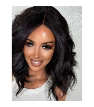 Natural Black Soft Waves Round Brush Blowout Human Hair Blend Lace Wig