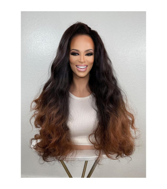 Black Auburn Copper Ombr Human Hair Blend Wig, Texture Dominican Blowout Hair Wig, 13x2