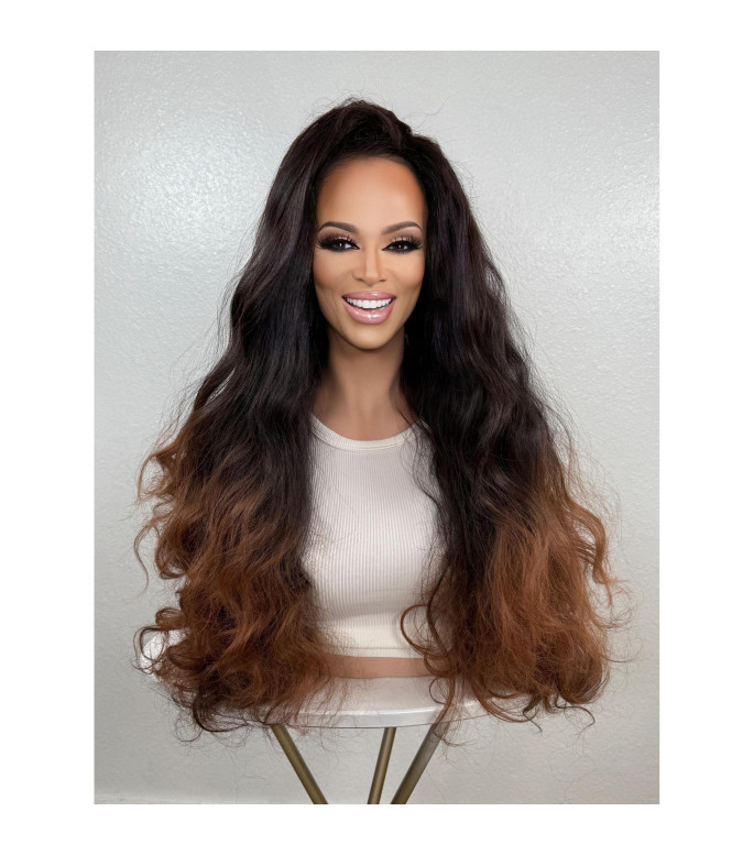 Black Auburn Copper Ombr Human Hair Blend Wig, Texture Dominican Blowout Hair Wig, 13x2