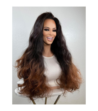 Black Auburn Copper Ombr Human Hair Blend Wig, Texture Dominican Blowout Hair Wig, 13x2