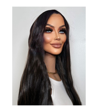 Black Sleek Blonde Highlights Human Hair Blend Lace Front Wig, Softly Textured Wig, 13x2