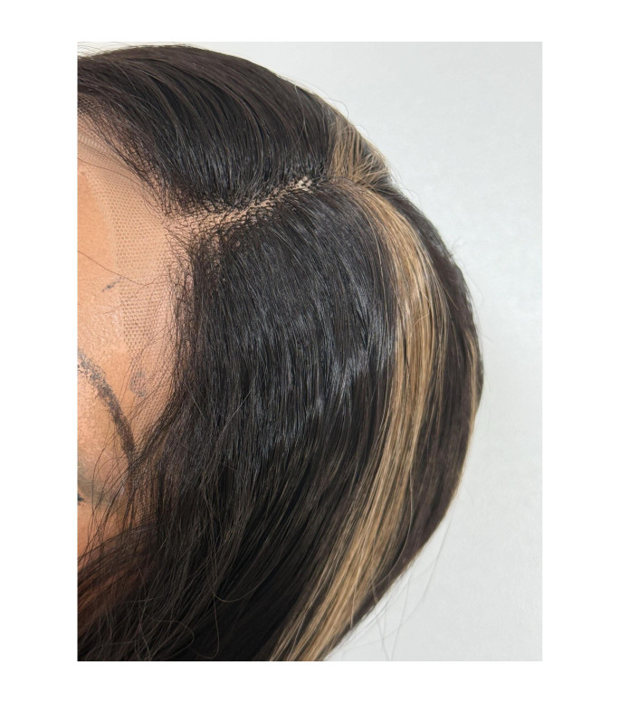 Black Sleek Blonde Highlights Human Hair Blend Lace Front Wig, Softly Textured Wig, 13x2