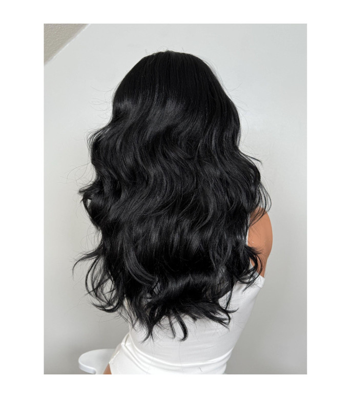Black Human Hair Blend Wig, Full Body Round Brush Blow Out-Style Bohemian Dominican