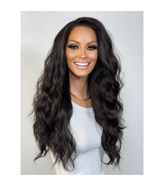 Classic Natural Black Wavy Human Hair Blend Wig, Luxe 13x6 Free Part Lace Front Wig, 20