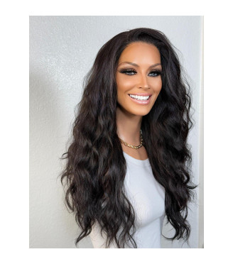 Classic Natural Black Wavy Human Hair Blend Wig, Luxe 13x6 Free Part Lace Front Wig, 20