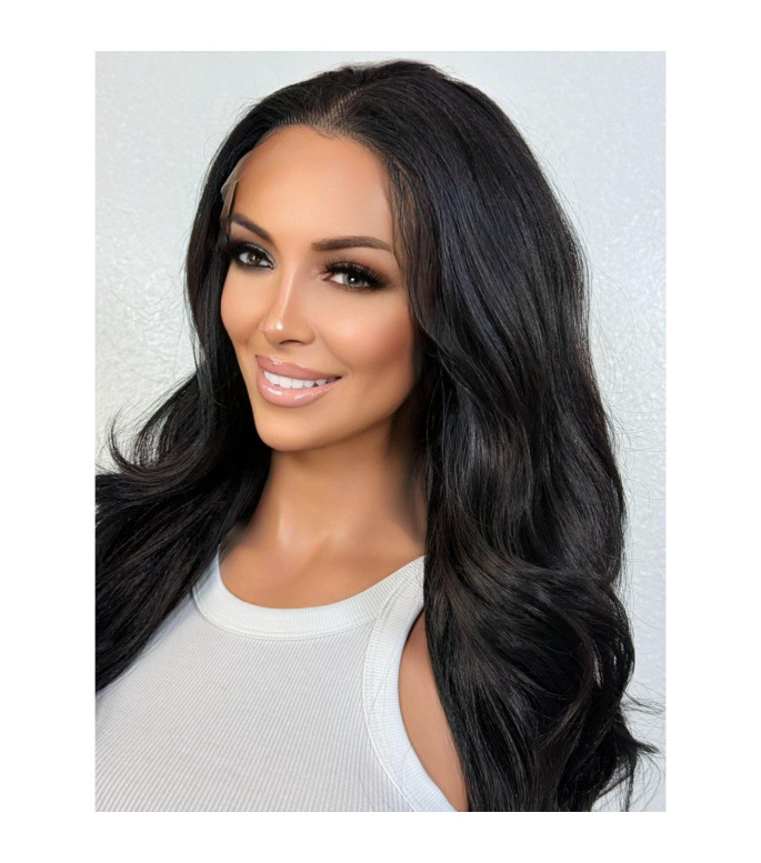 Natural Black Loose Curls Free Part Lace Human Hair Blend Wig, HD Invisible Lace Front