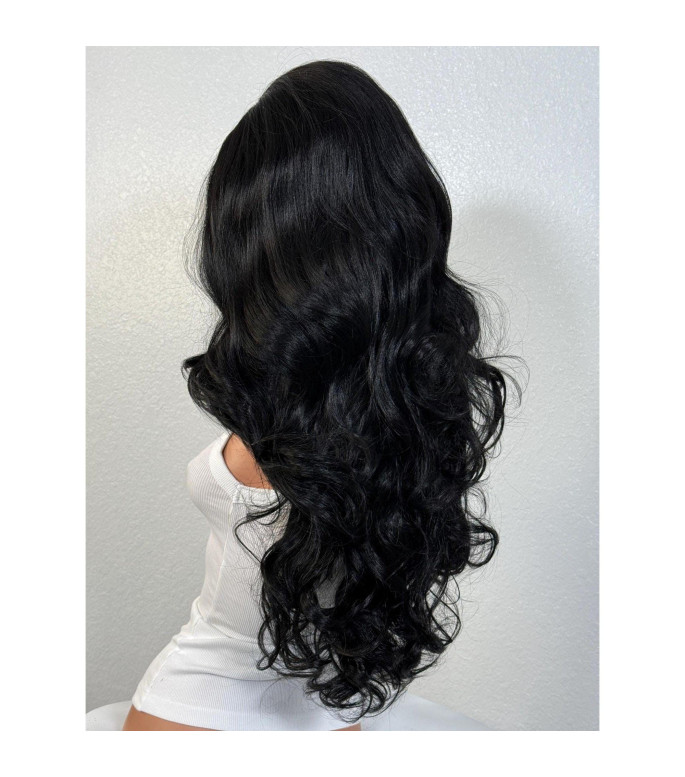 Natural Black Loose Curls Free Part Lace Human Hair Blend Wig, HD Invisible Lace Front