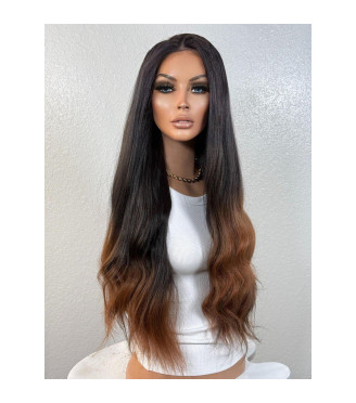 Black Auburn Copper-Glazed Human Hair Blend Wig, Textured Dominican Blowout Hair Wig