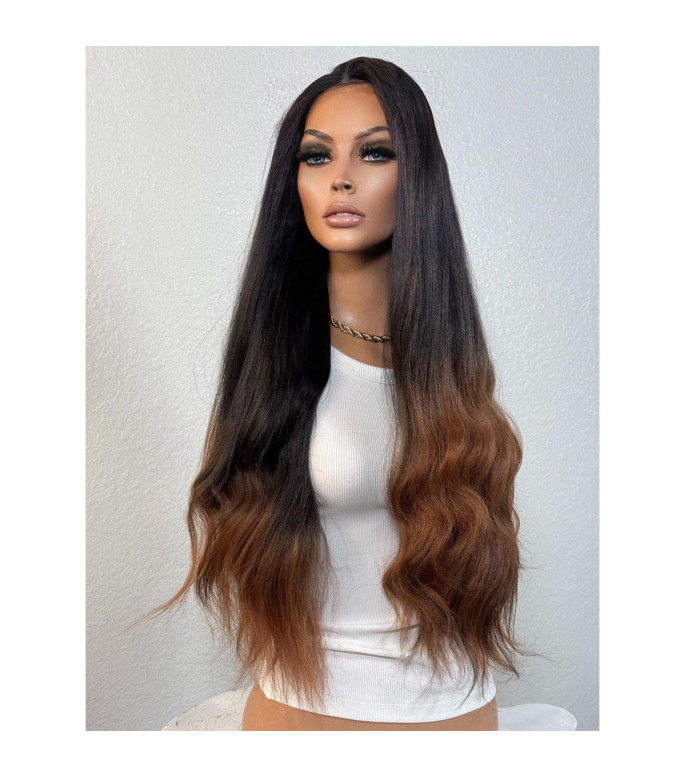 Black Auburn Copper-Glazed Human Hair Blend Wig, Textured Dominican Blowout Hair Wig