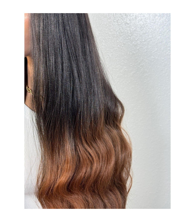 Black Auburn Copper-Glazed Human Hair Blend Wig, Textured Dominican Blowout Hair Wig
