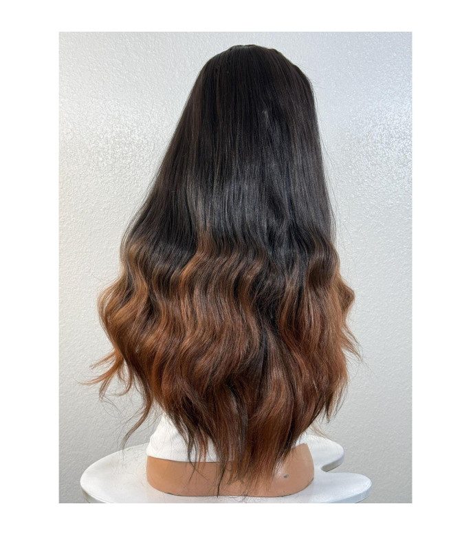 Black Auburn Copper-Glazed Human Hair Blend Wig, Textured Dominican Blowout Hair Wig