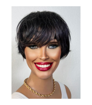 Black Salt and Pepper Pixie Haircut Short Human Hair Wig, Pixie Cut Black Gray Hair
