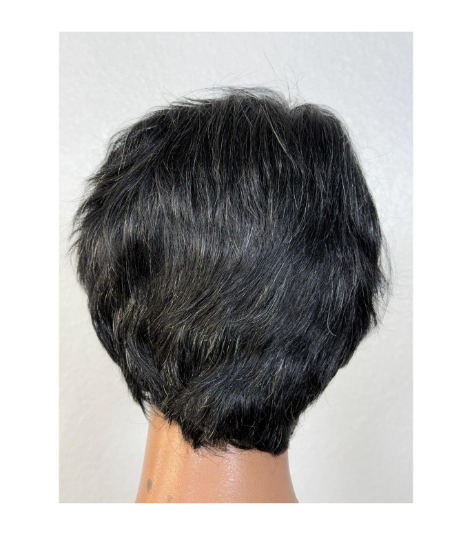 Black Salt and Pepper Pixie Haircut Short Human Hair Wig, Pixie Cut Black Gray Hair