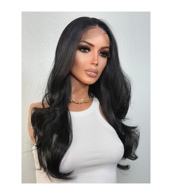 Jet Black Long Wavy Human Hair Blend Wig, Choppy Graduated V-Cut Layers Wig, 13x6 Free