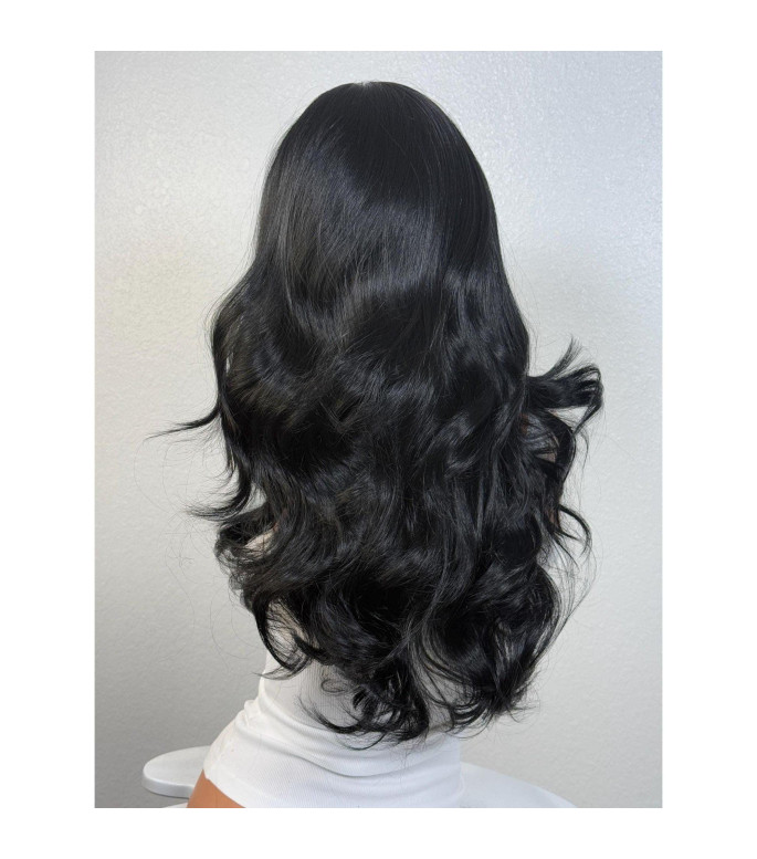 Jet Black Long Wavy Human Hair Blend Wig, Choppy Graduated V-Cut Layers Wig, 13x6 Free