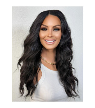 Matte Jet Black Human Hair Blend Wig, Textured Hair Wig, Natural Thick Wavy Lace Part