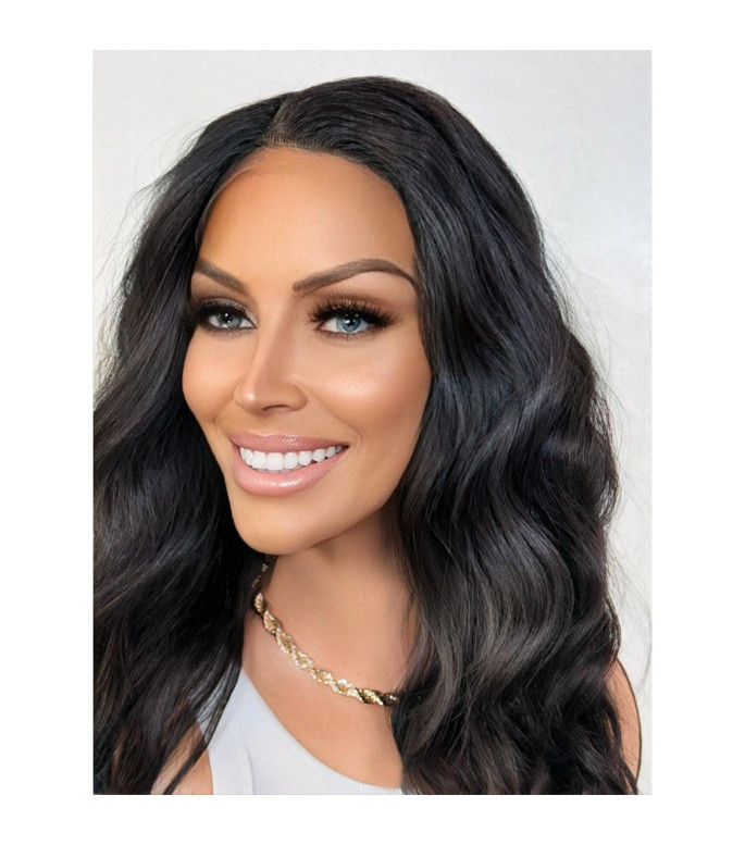 Matte Jet Black Human Hair Blend Wig, Textured Hair Wig, Natural Thick Wavy Lace Part