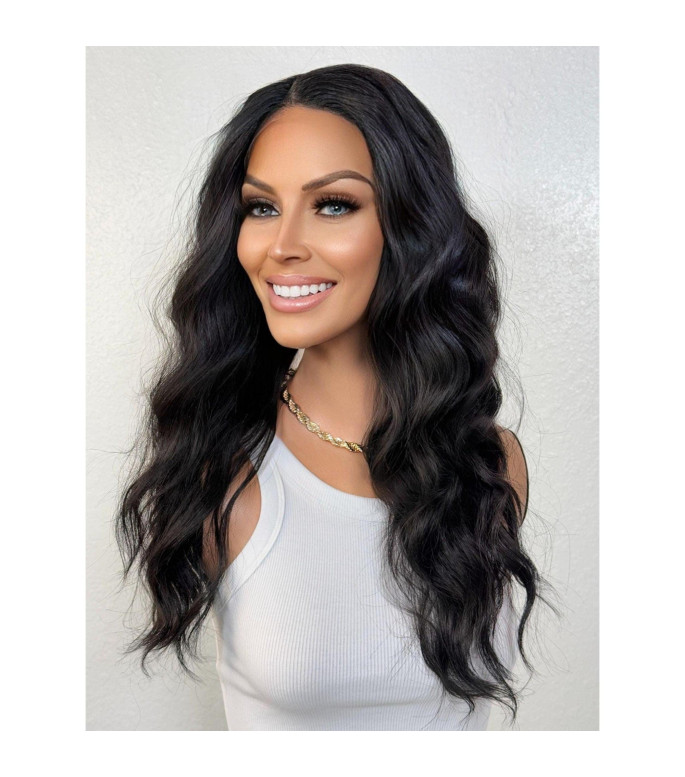 Matte Jet Black Human Hair Blend Wig, Textured Hair Wig, Natural Thick Wavy Lace Part
